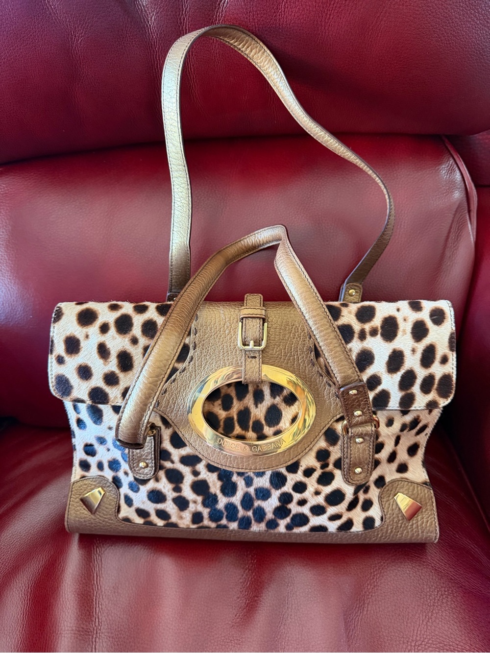 Dolce & Gabbana Brown and Leopard-Print Leather Satchel with Gold Hardware